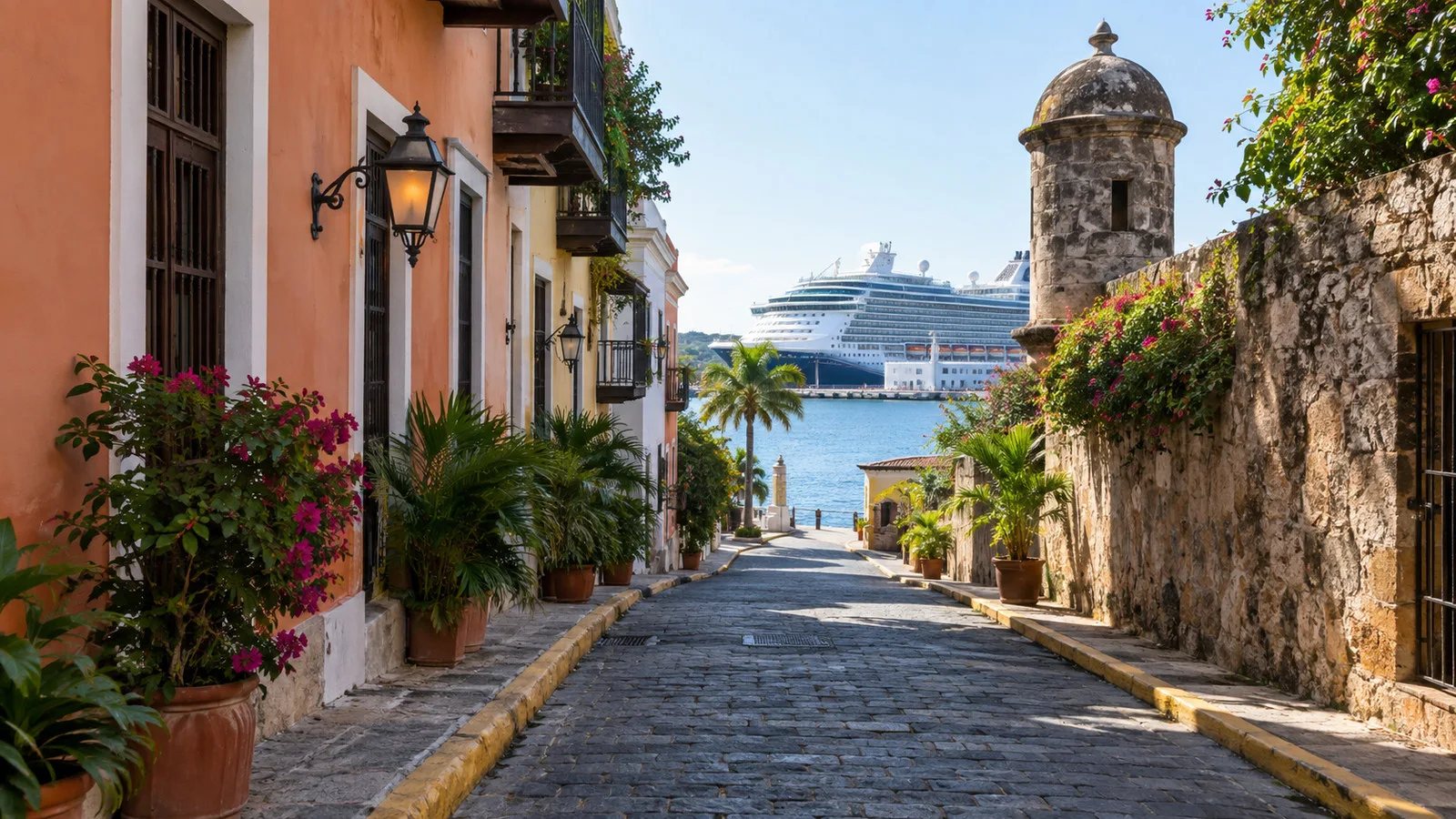 Quiet backstreet route away from a crowded festival venue near a cruise port