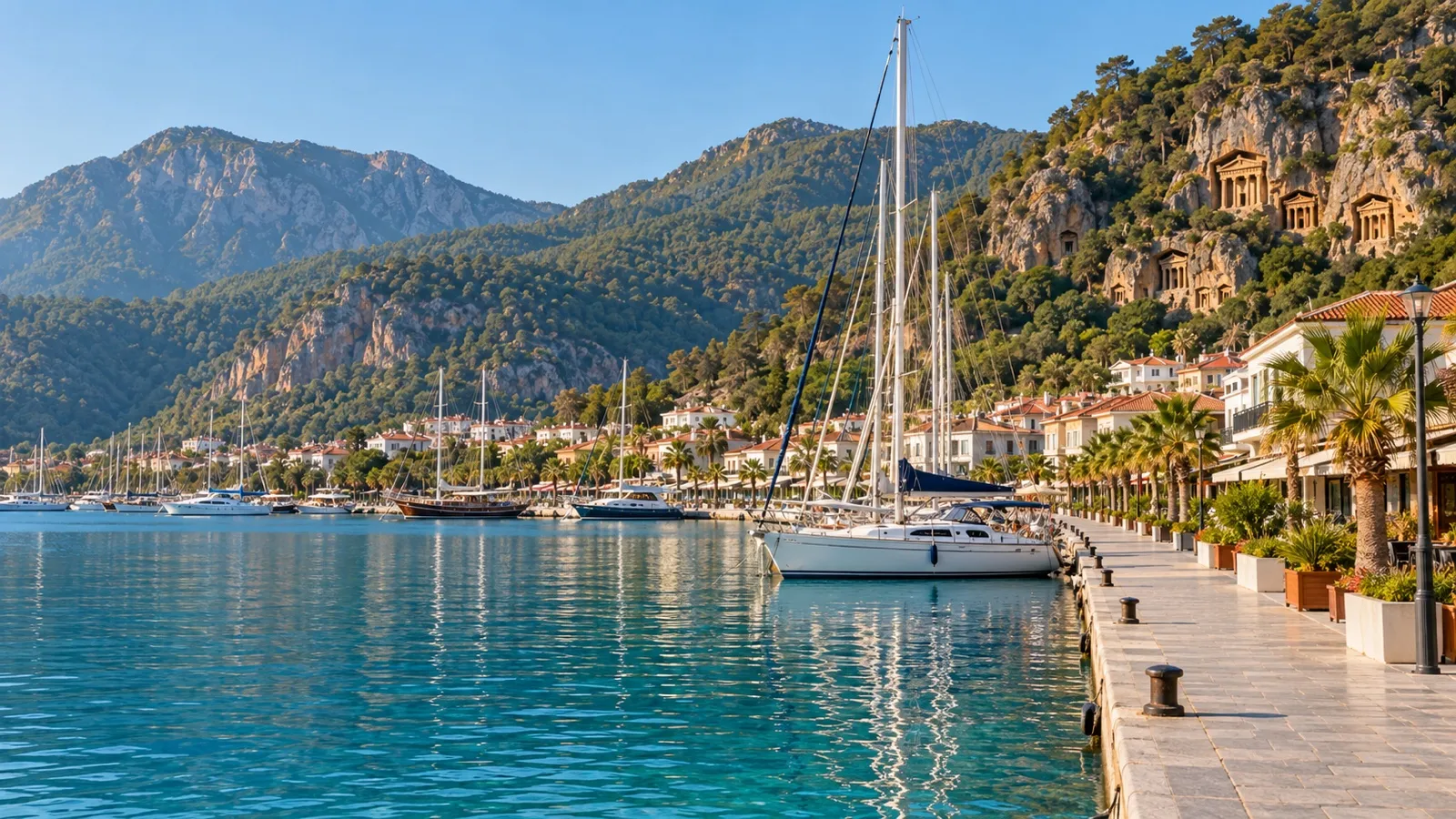 Sailboats and waterfront promenade in Fethiye