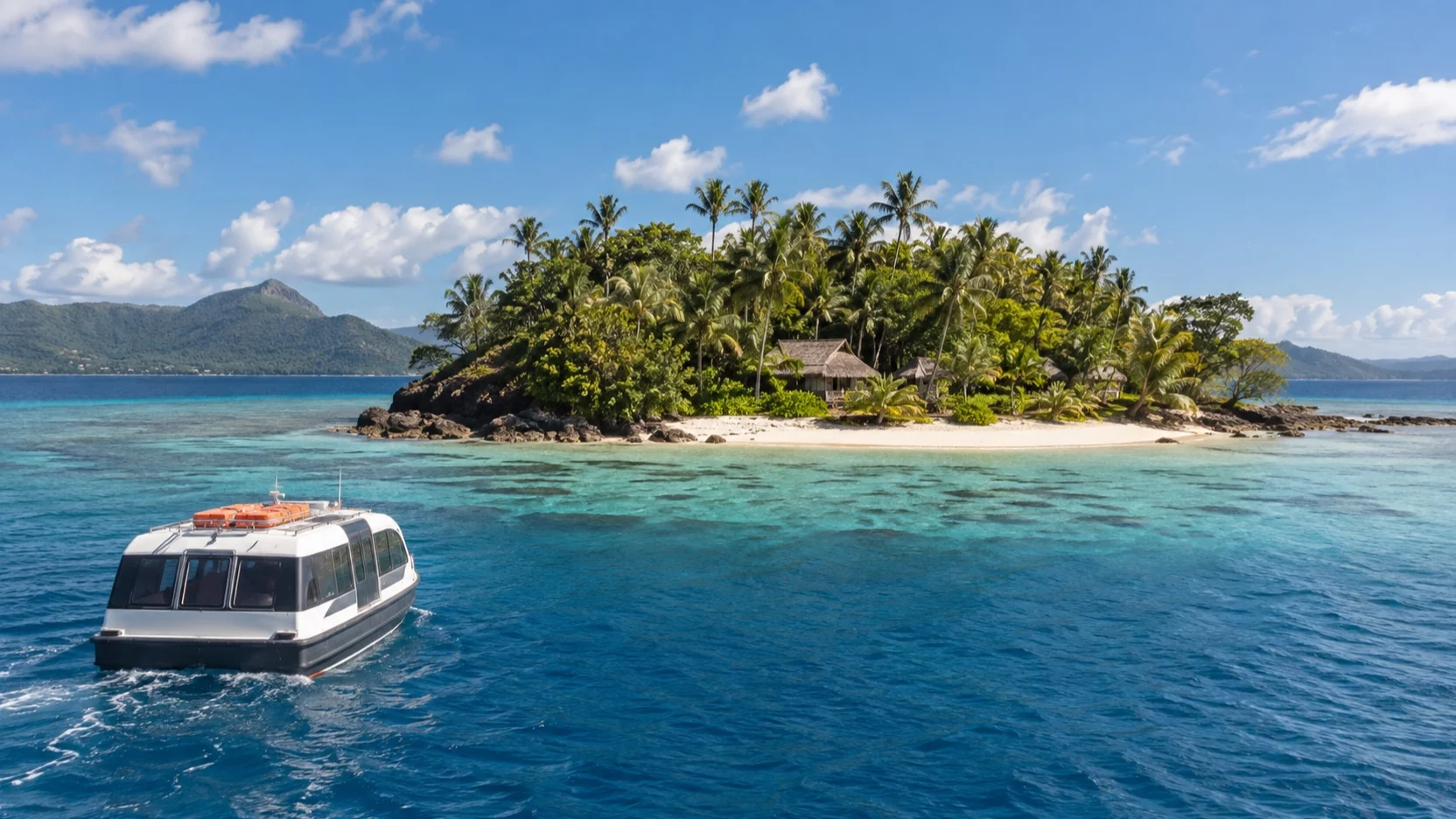 Tender boat nearing Dravuni Island’s beach in Fiji