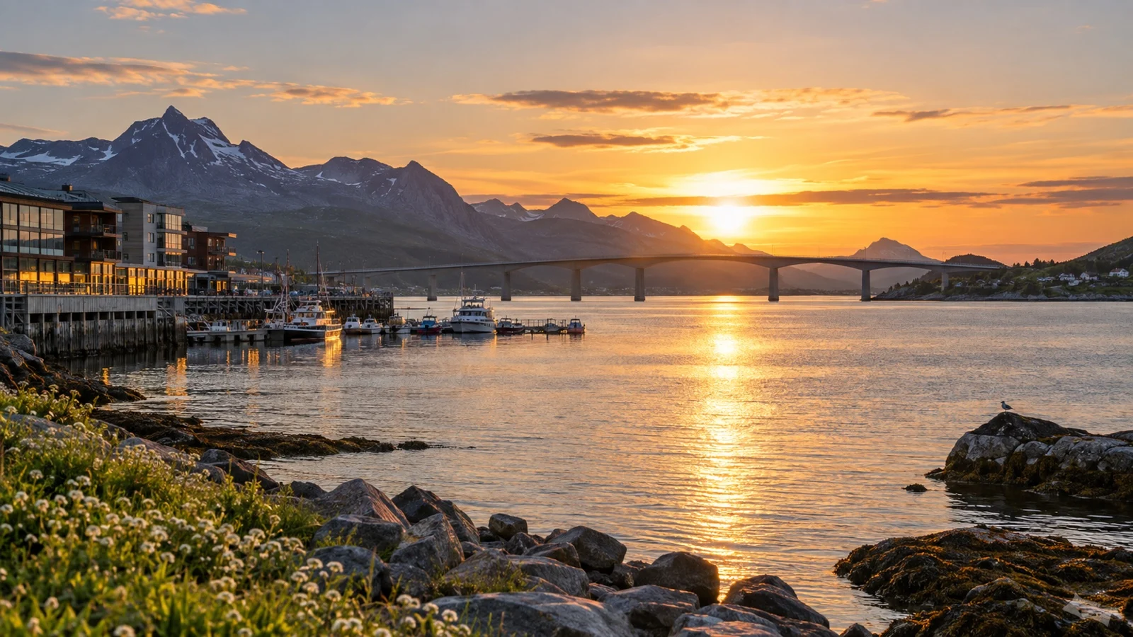 Finnsnes waterfront under the midnight sun