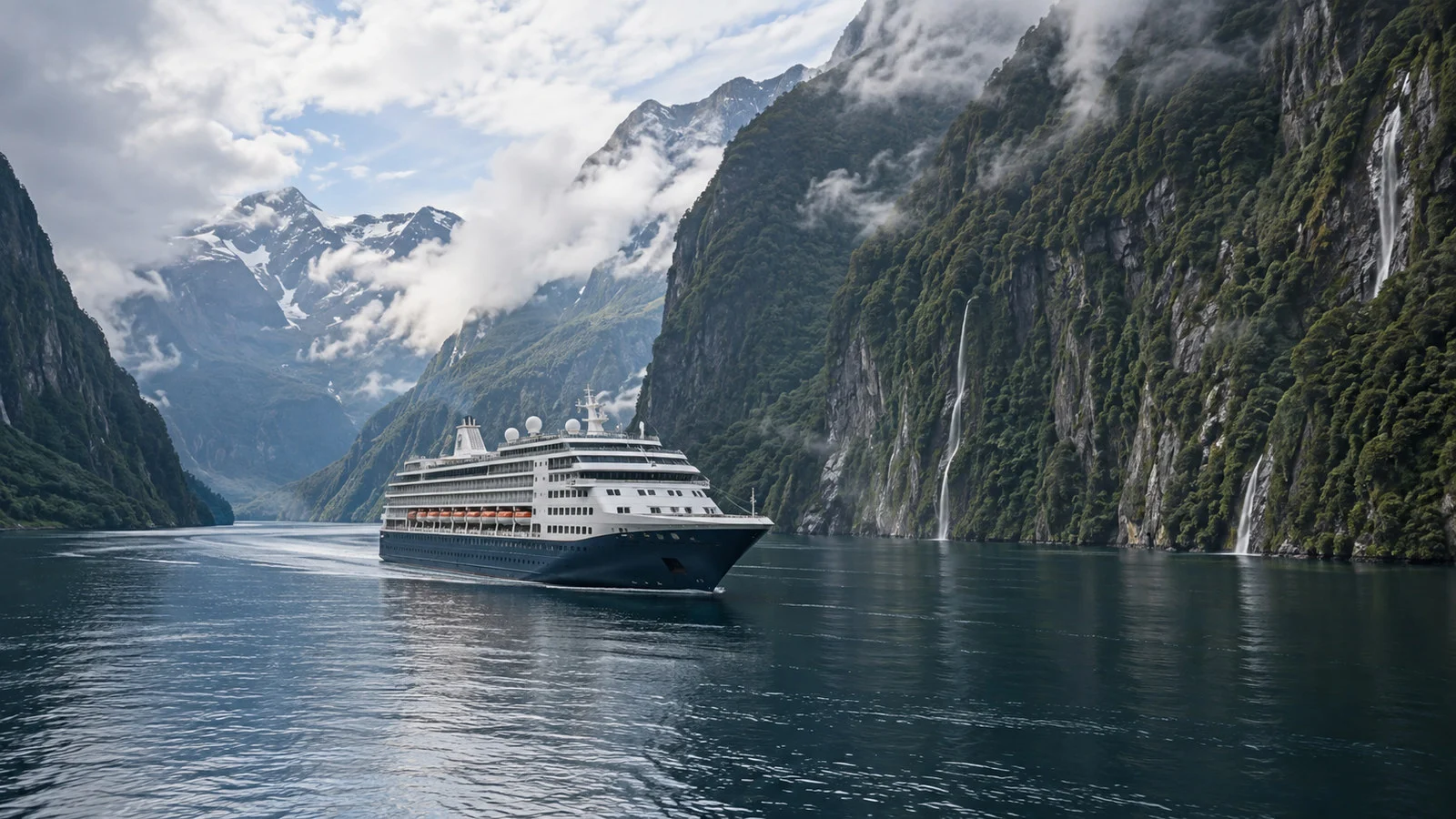 Cruise ship sailing through narrow Fiordland New Zealand fjord beneath huge forested cliffs and mist, no people visible