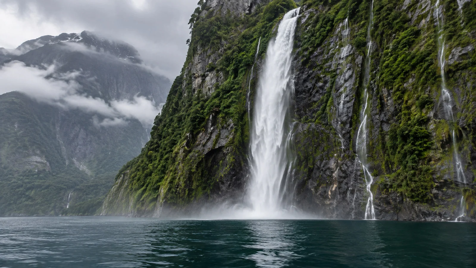 Tall waterfall plunging down sheer Milford Sound cliff after rain into dark fjord water, no people