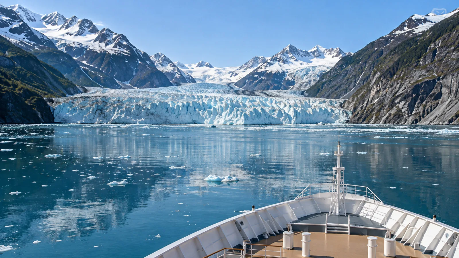 Cruise ship approaching a glacier under clear early-season skies