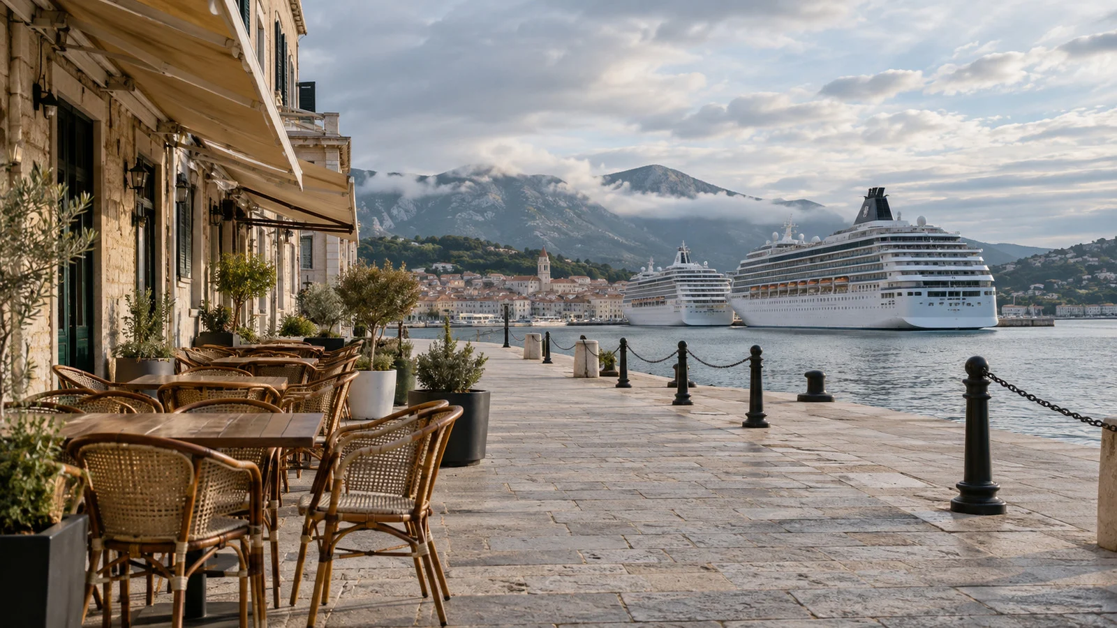 Empty outdoor cafe terraces near a cruise pier in shoulder season