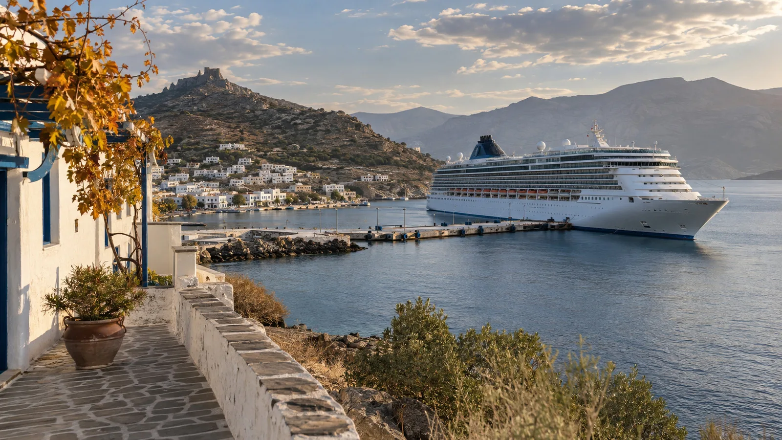 Mediterranean cruise ship at a quiet Greek island port in late autumn