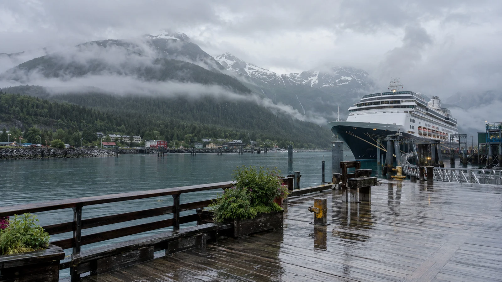 Rainy Alaska harbor with cruise ship at the end of the season