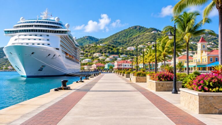 Clear waterfront walkway from a cruise ship toward a colorful Caribbean town