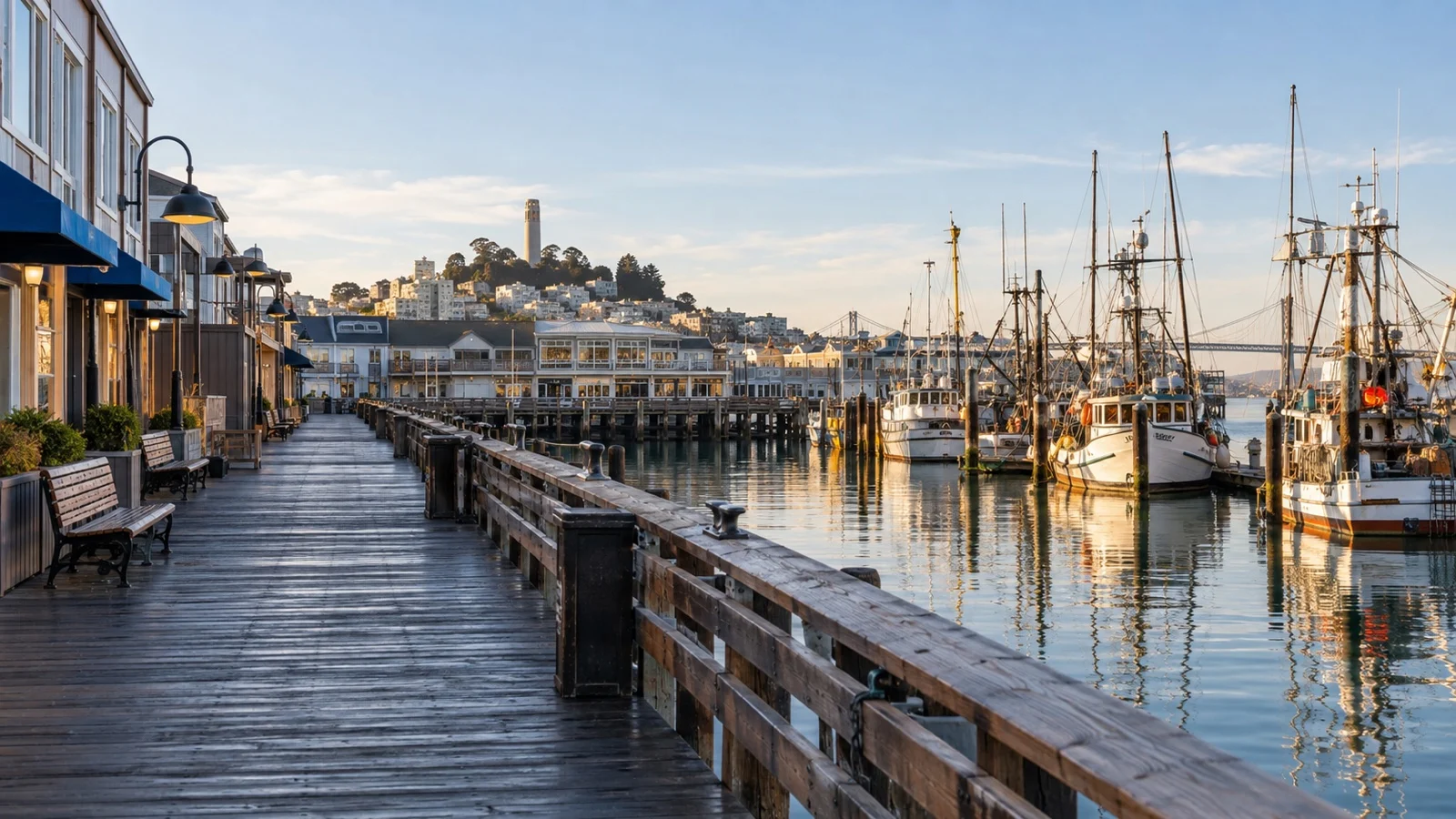 Empty Fisherman’s Wharf waterfront walkway and fishing boats in San Francisco