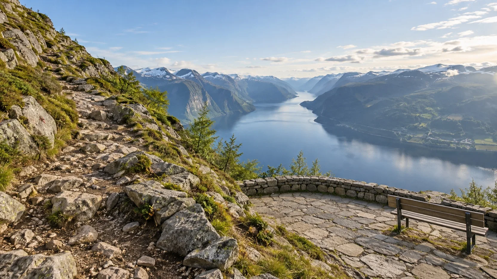 Steep fjord hiking trail beside an easier overlook with a bench