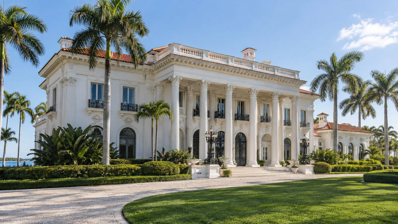 White columned Flagler Museum building framed by palm trees and gardens