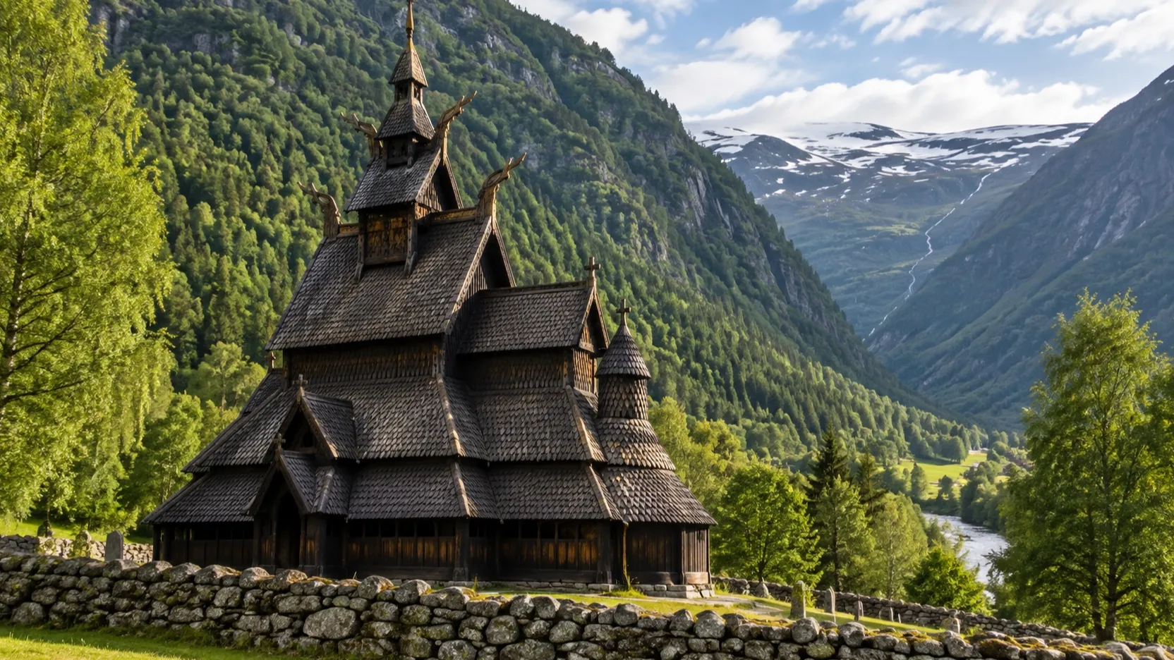 The dark timber Borgund stave church in the Norwegian mountains