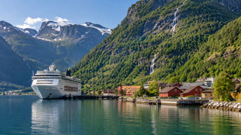 A cruise ship at Flåm village beneath steep Norwegian fjord mountains