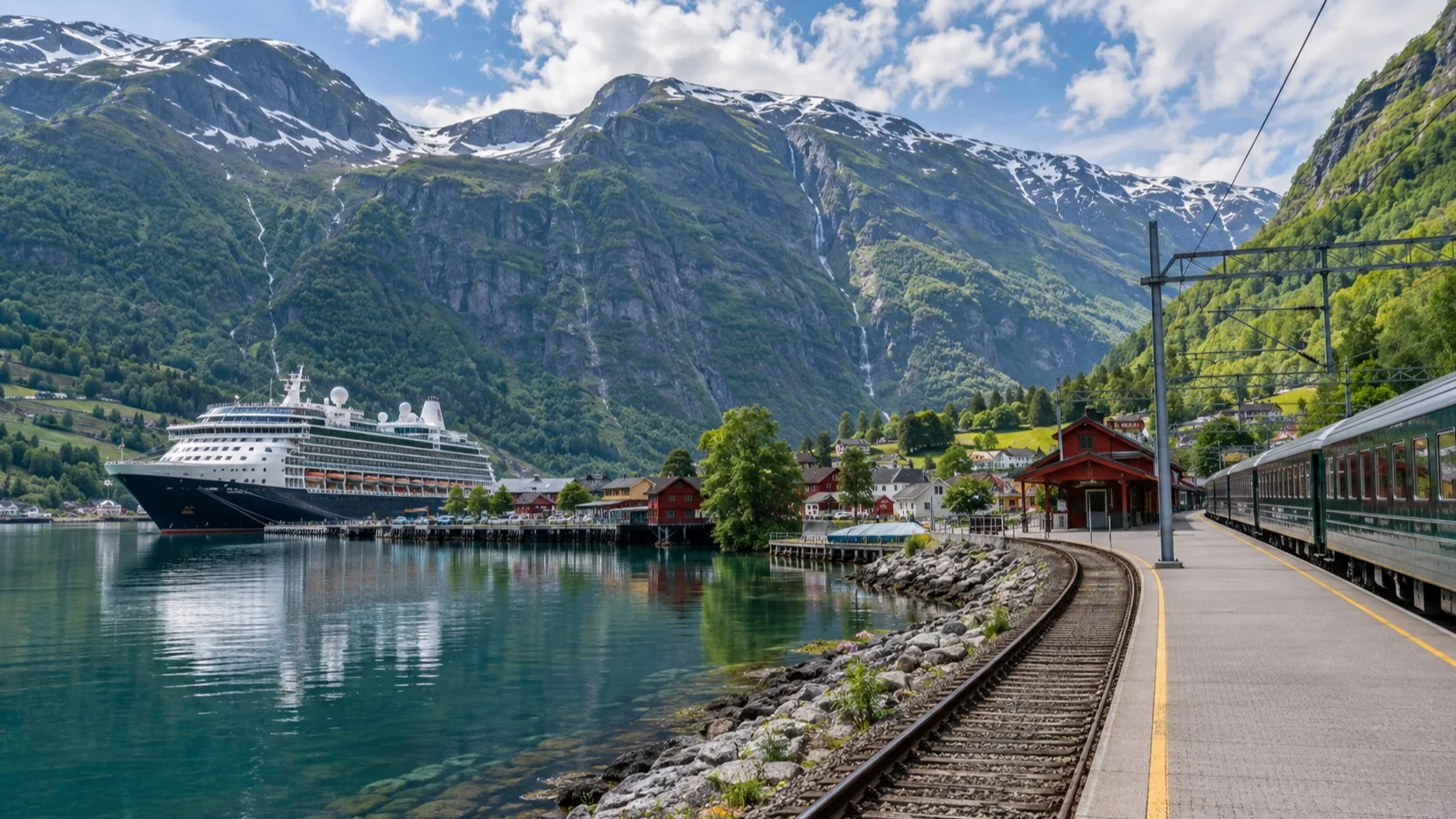 Flåm Railway train beside the village and a cruise ship in the fjord