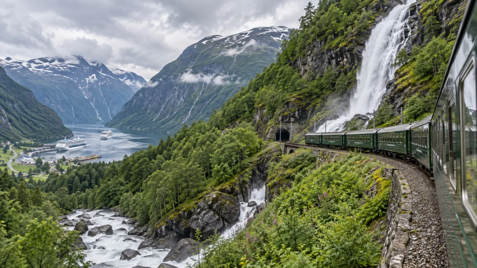 Flåm Railway train winding through a Norwegian mountain valley near the fjord.