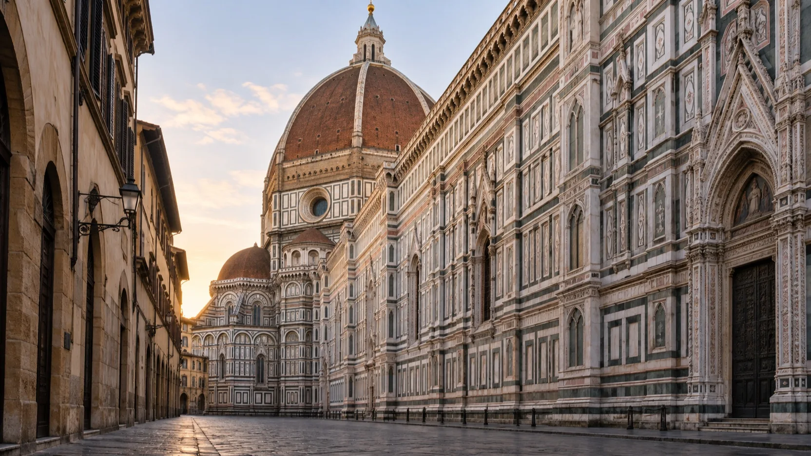 Florence Duomo viewed from an empty historic street
