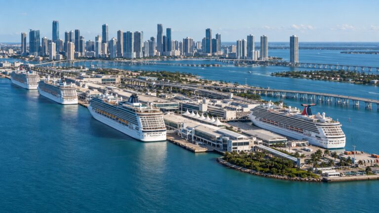 Cruise ships docked at PortMiami on Biscayne Bay with the Miami skyline beyond