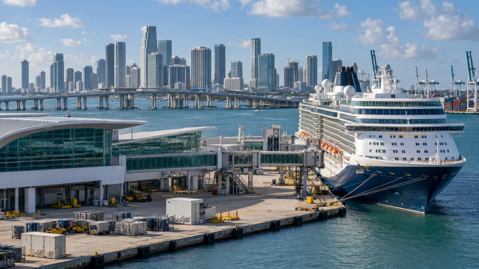 Cruise ship at a PortMiami terminal with a bridge and downtown Miami across Biscayne Bay