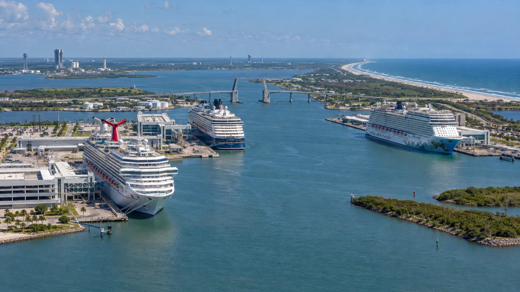 Cruise ships at Port Canaveral near the Atlantic shoreline on Florida’s Space Coast