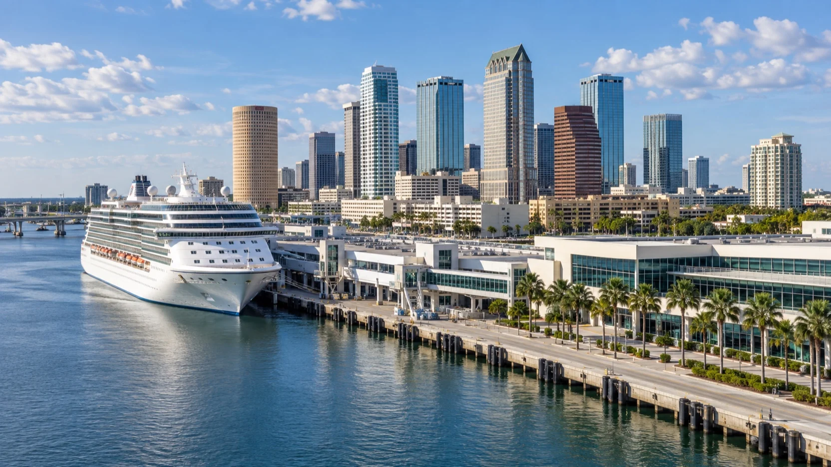 Cruise ship docked at Port Tampa Bay beside the downtown Tampa skyline