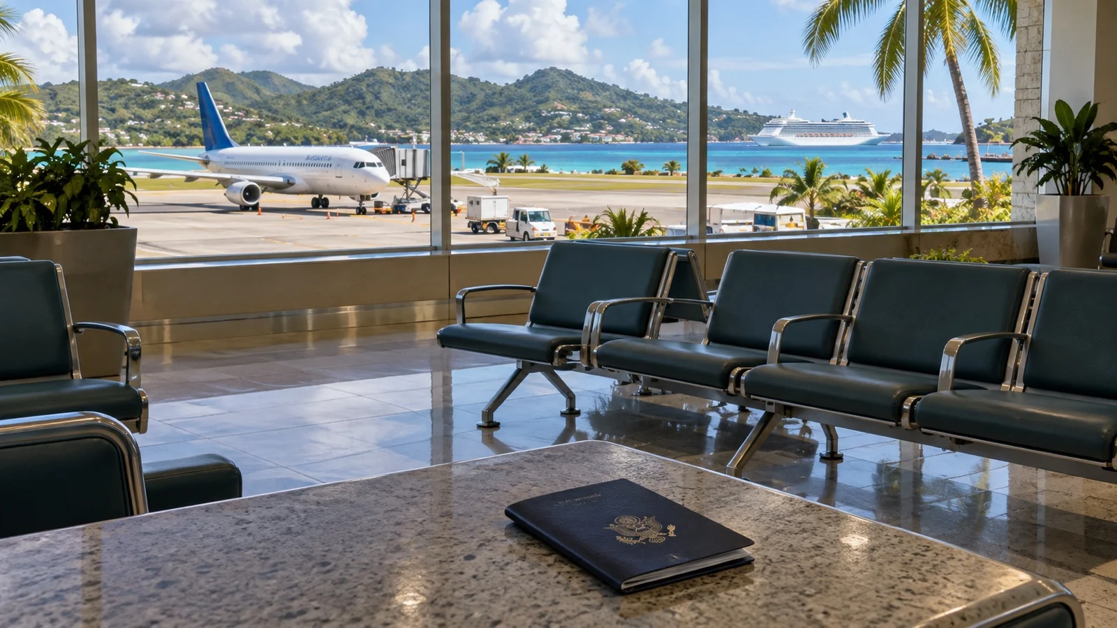 Empty airport departure area near a Caribbean cruise port with passport on foreground desk