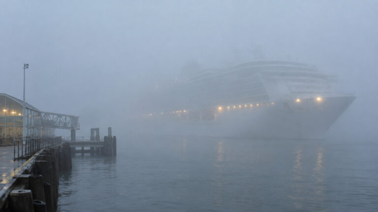 Cruise ship partly obscured by dense harbor fog