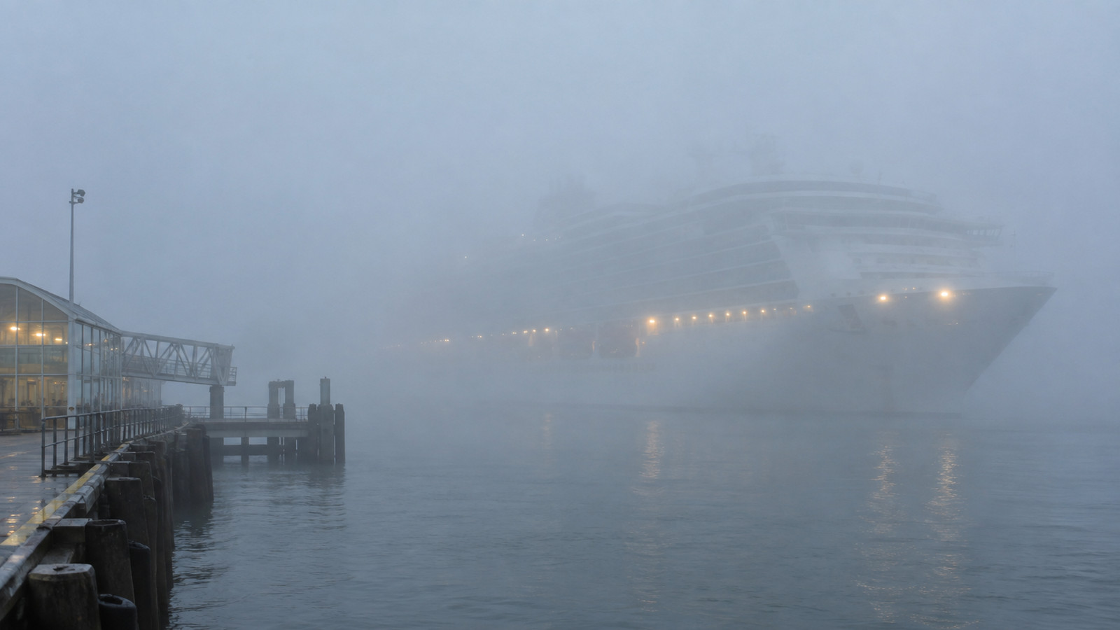 Cruise ship partly obscured by dense harbor fog