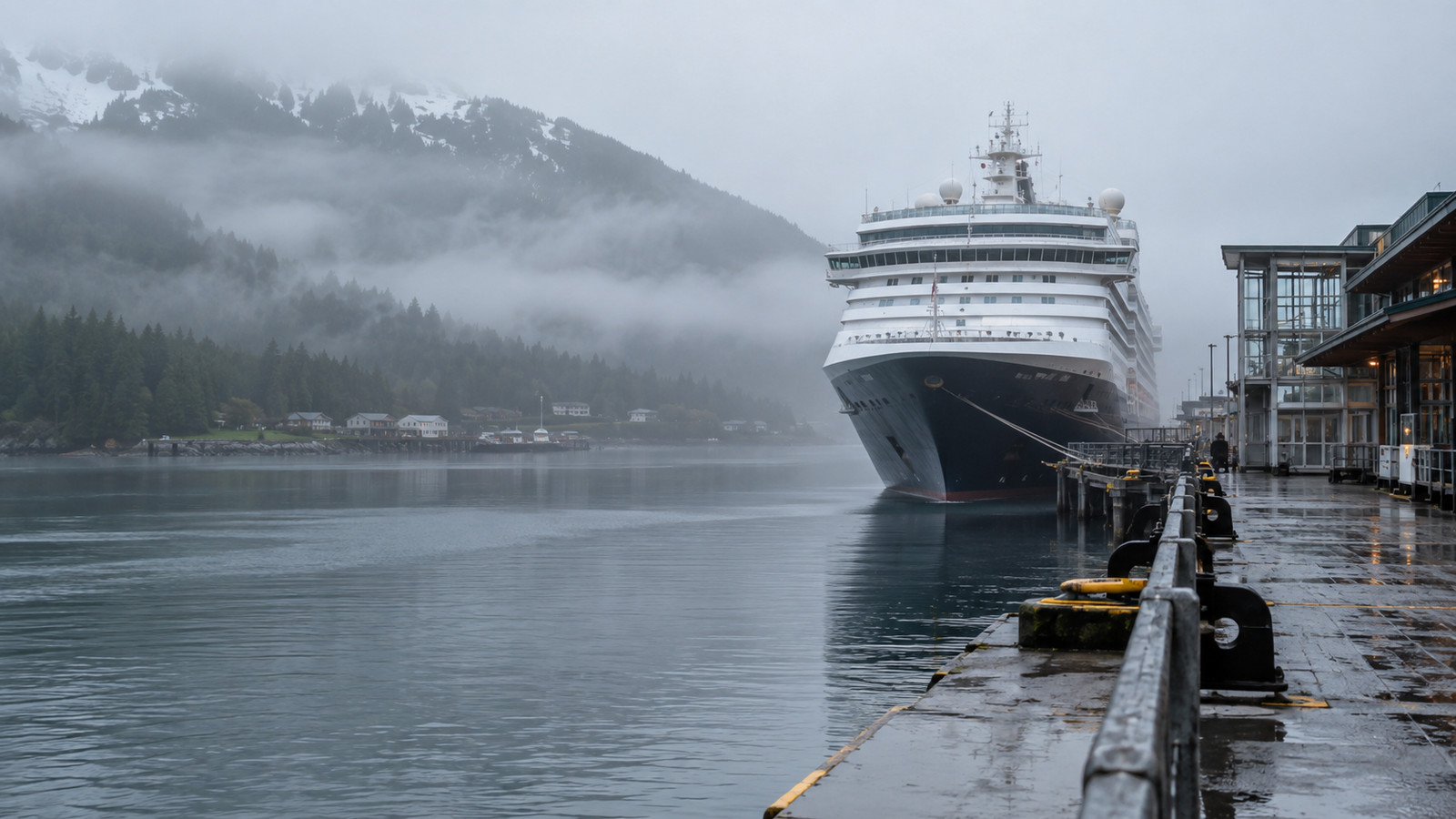 Foggy Alaska cruise terminal and moored ship