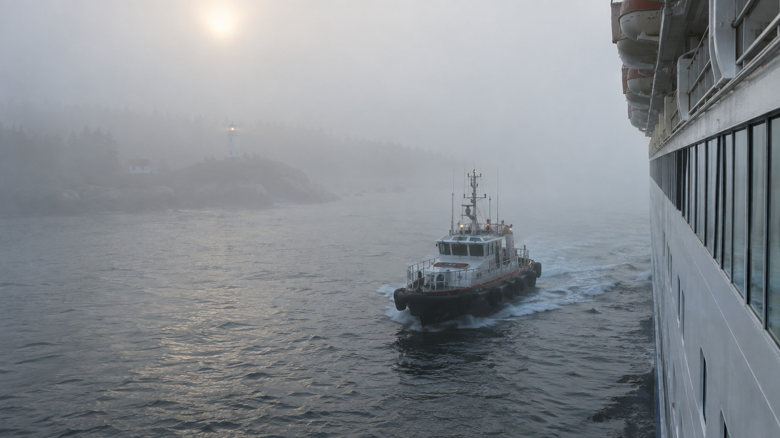 Pilot boat emerging through fog beside a cruise ship