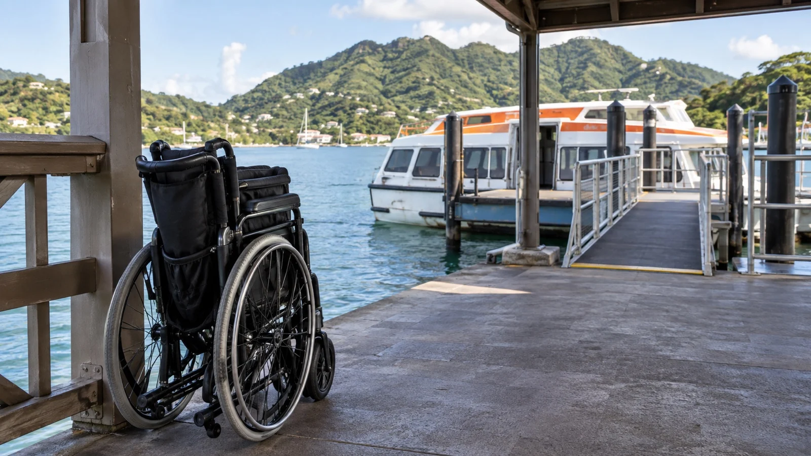 Folded manual wheelchair at a sheltered cruise tender dock