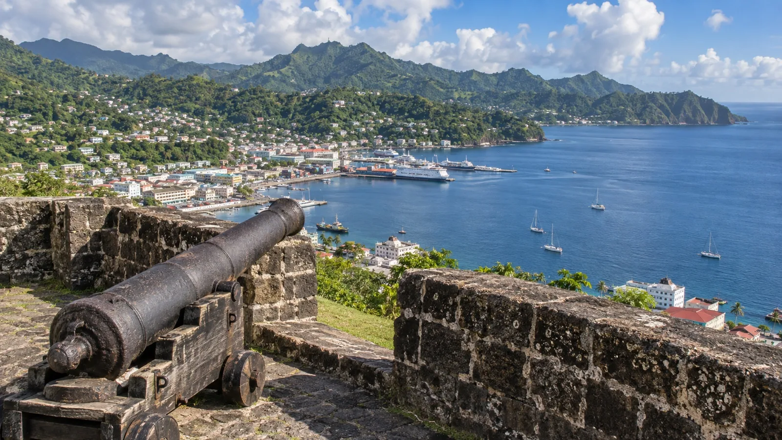 Old cannon at Fort Charlotte overlooking Kingstown harbor and the Caribbean Sea