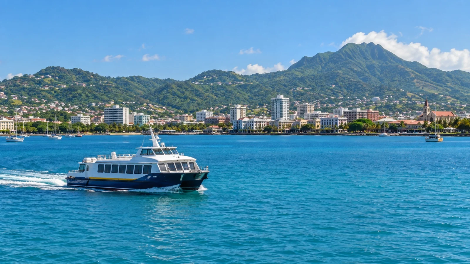 Passenger ferry crossing Fort-de-France Bay toward the green hills of Martinique