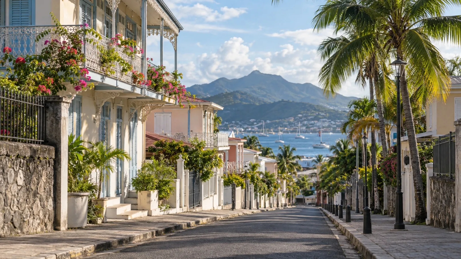 Downtown Fort-de-France with French Caribbean buildings, small hotels and quiet palm-lined streets