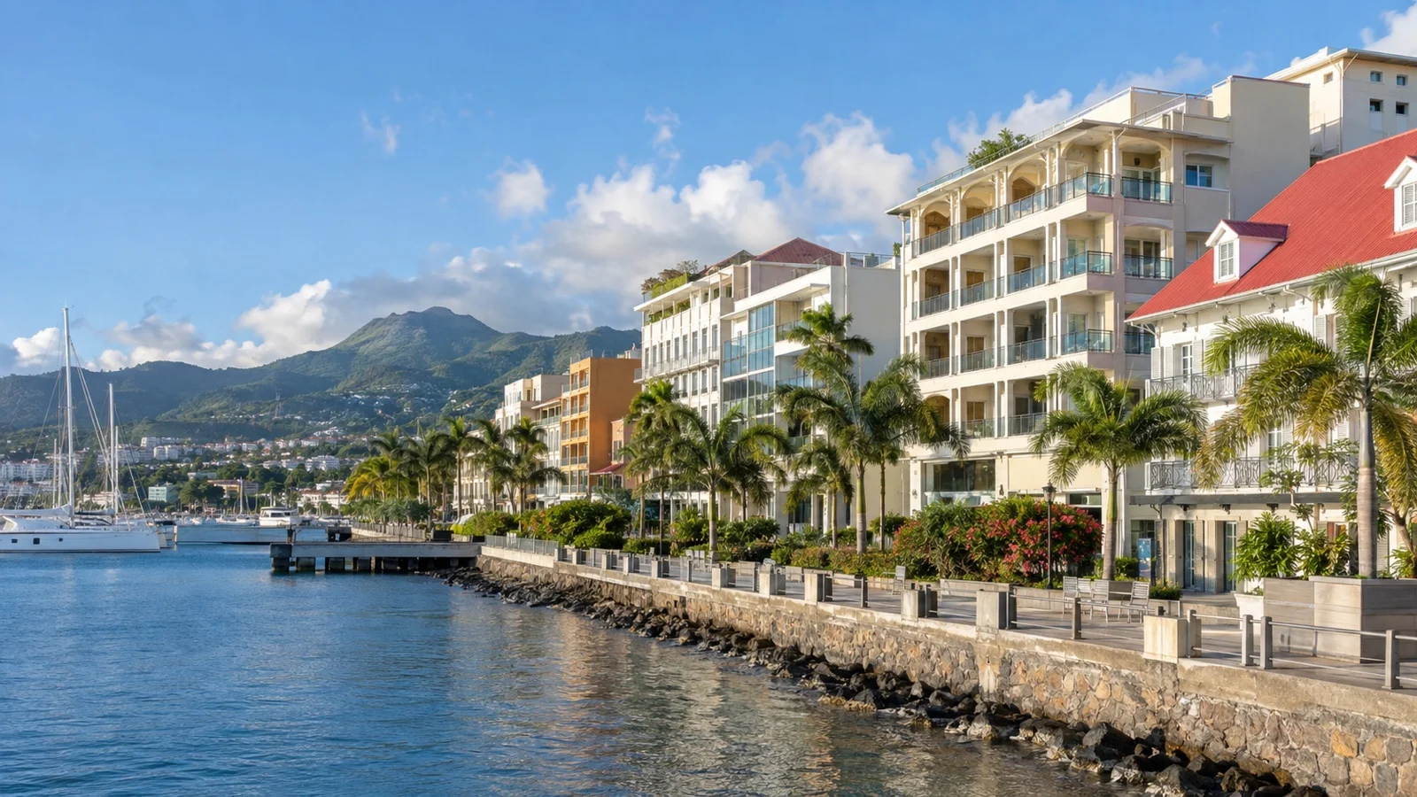 Modest downtown Fort-de-France hotel facades near the harbor and Caribbean waterfront