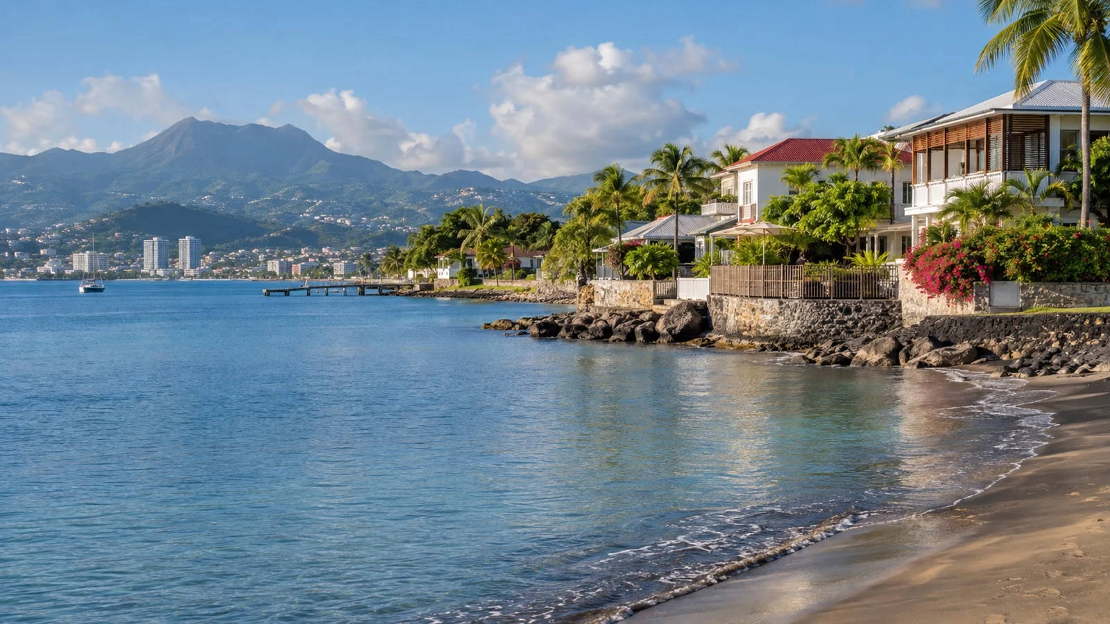 Schoelcher coastline near Fort-de-France with boutique hotels and calm blue water