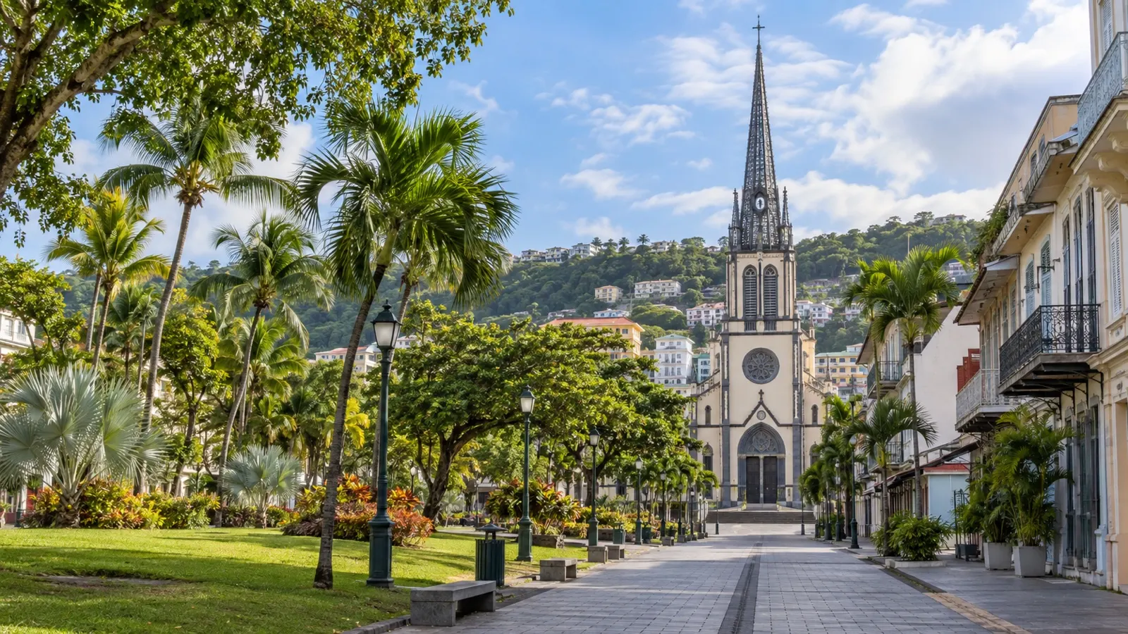 Quiet Fort-de-France street and tropical trees near Saint-Louis Cathedral