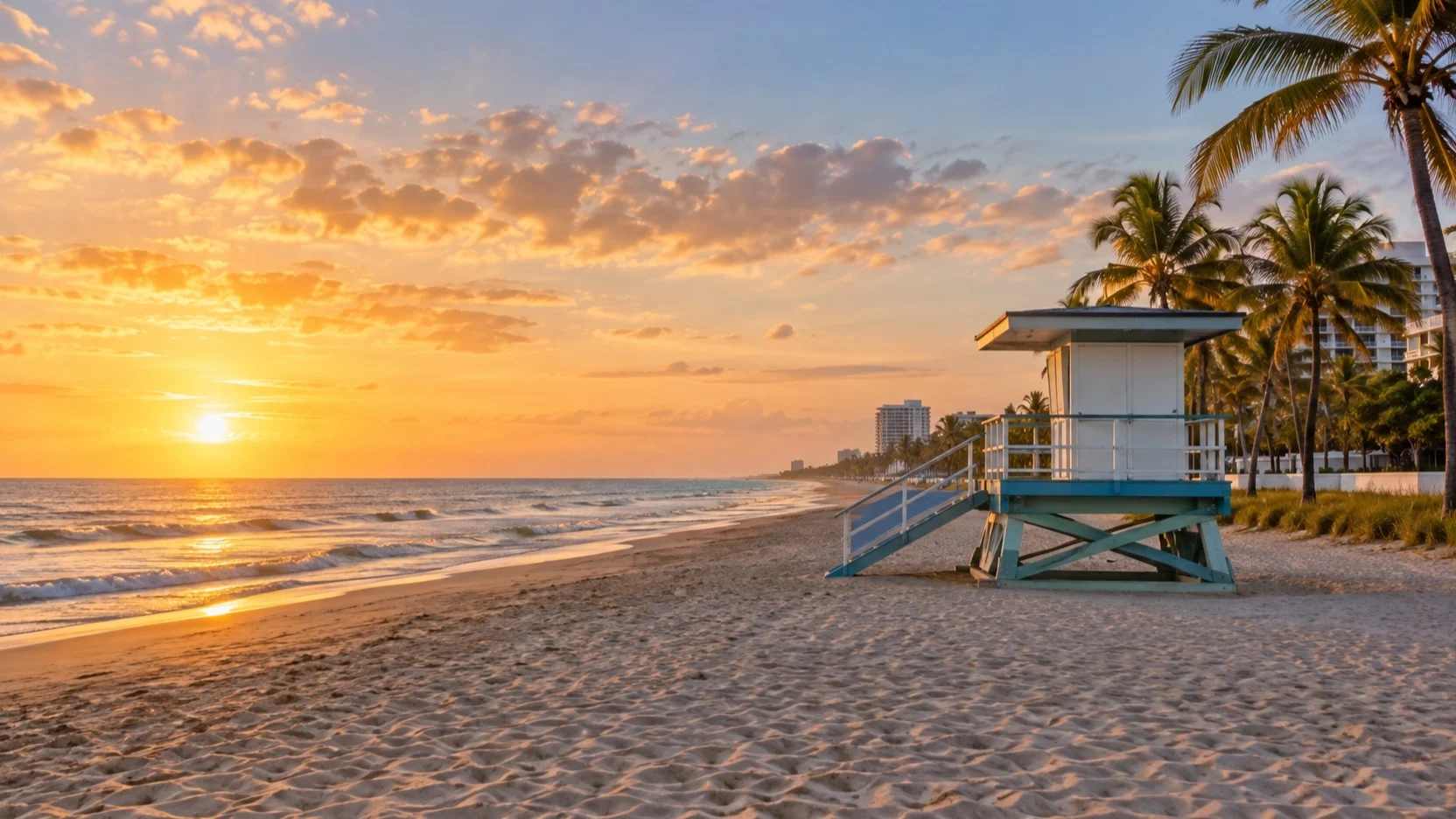 Empty Fort Lauderdale Beach at sunrise with a lifeguard tower and palm trees