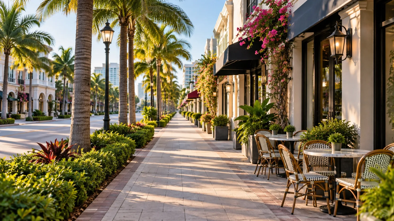 Empty palm-lined Las Olas Boulevard sidewalk with outdoor cafe tables in Fort Lauderdale