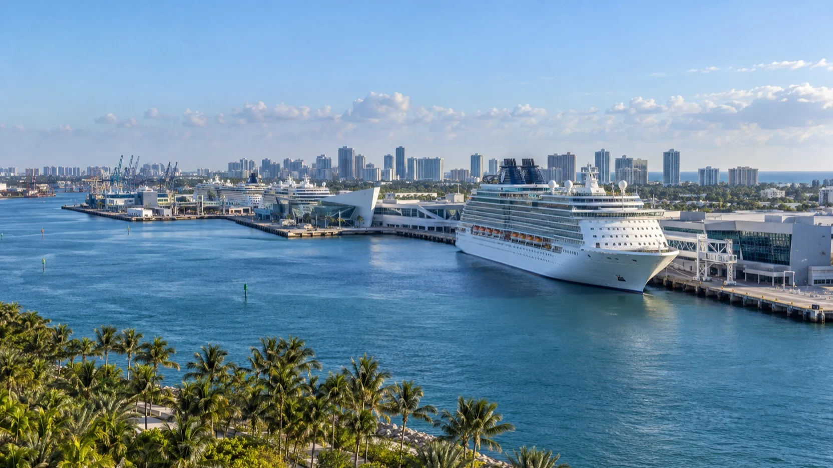 Cruise ship berthed at Port Everglades with the Fort Lauderdale skyline beyond