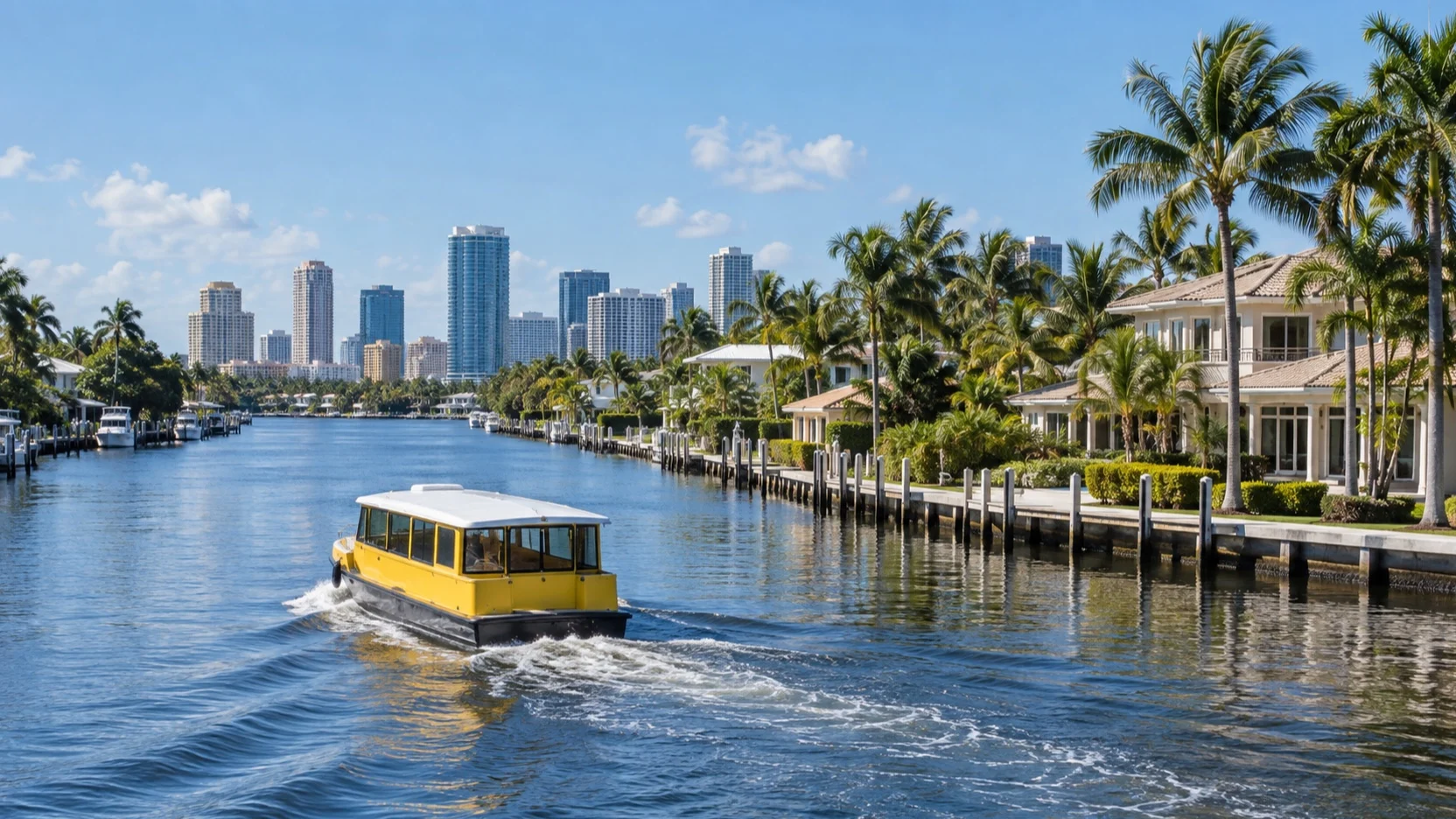 Water taxi traveling along a Fort Lauderdale canal toward the downtown skyline