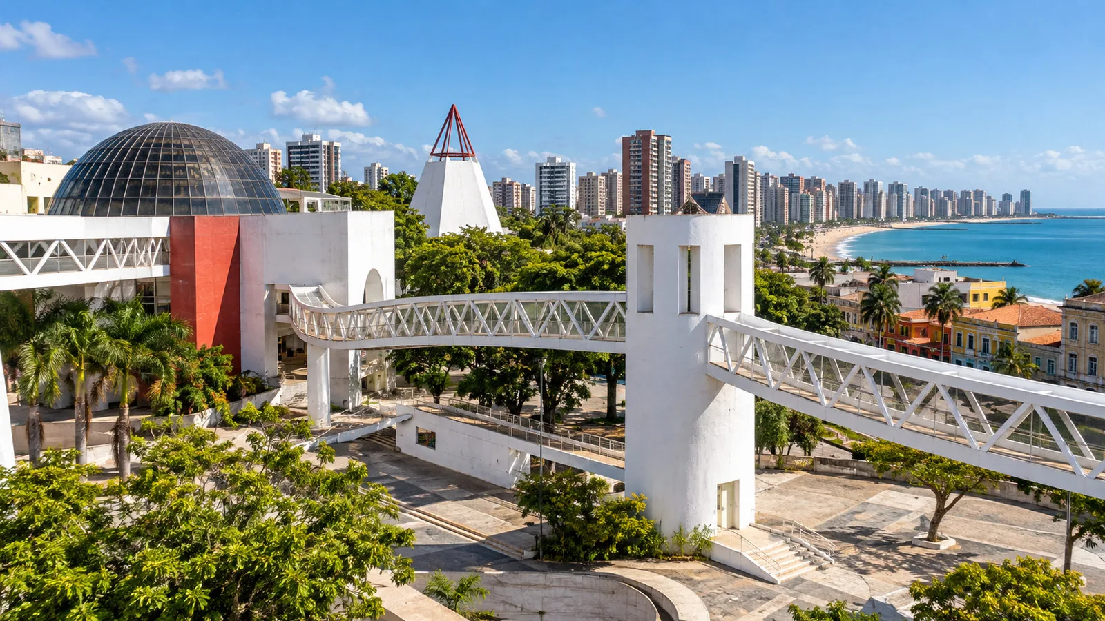 Modern white pedestrian bridges at Dragão do Mar cultural center in Fortaleza