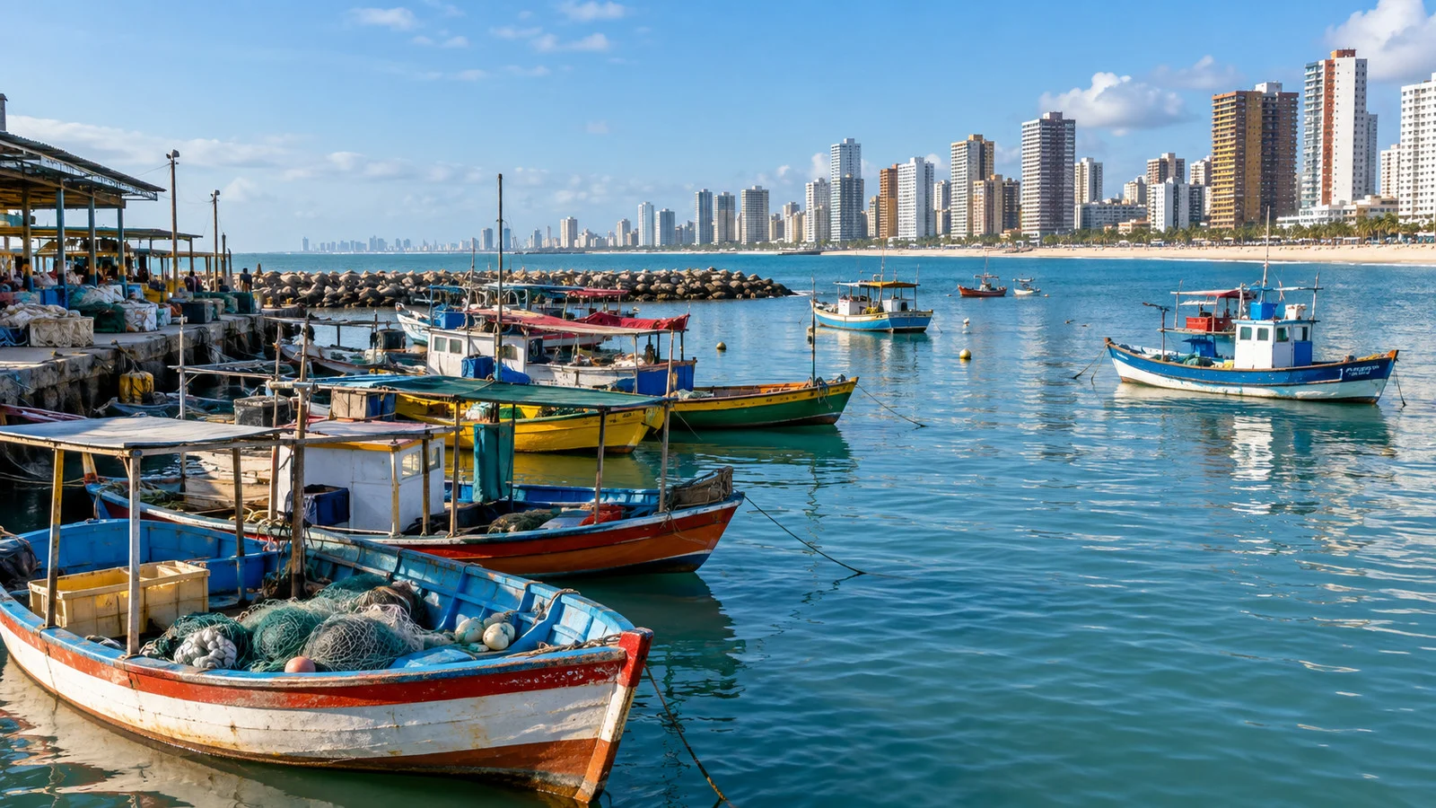 Colorful fishing boats at the Mucuripe waterfront in Fortaleza