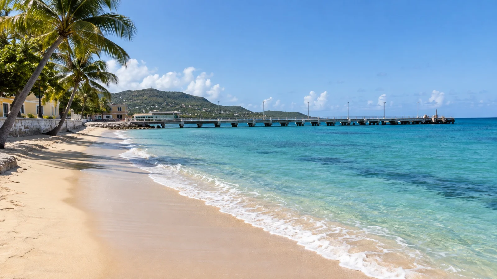 Empty sandy shore beside Frederiksted cruise pier on St Croix