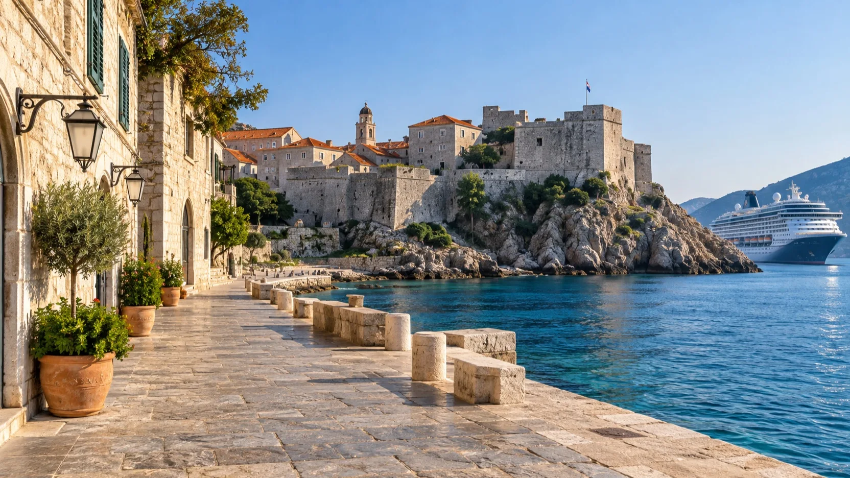 Walkable old town and fortress near a cruise ship