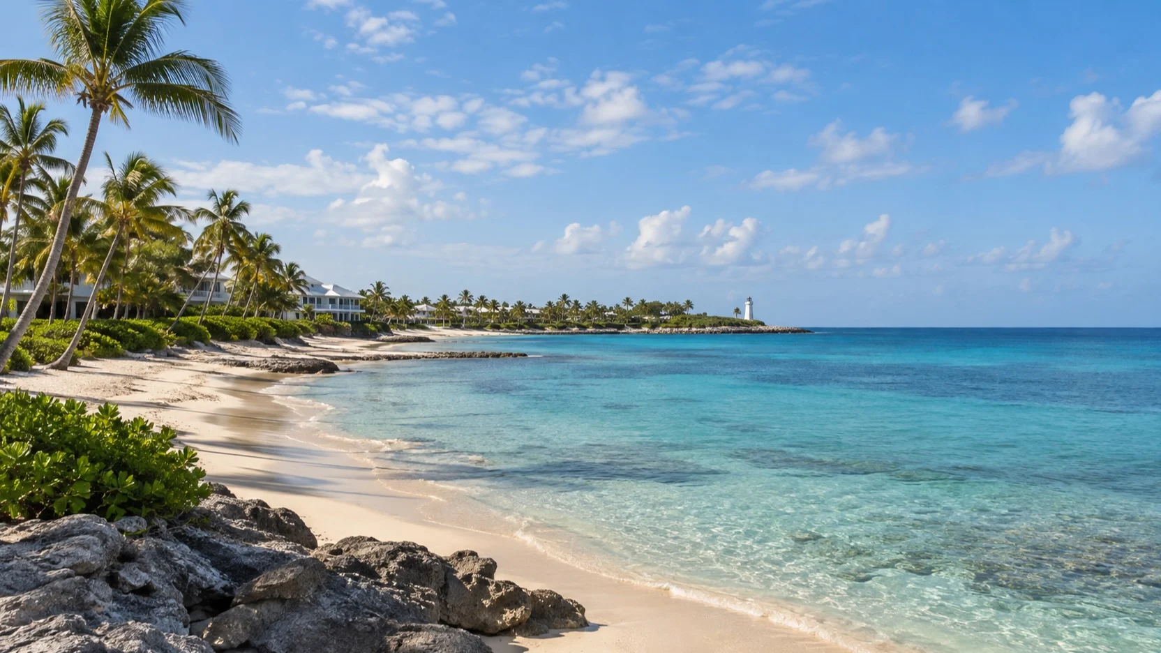 Sunny Grand Bahama shore with palms and calm winter seas