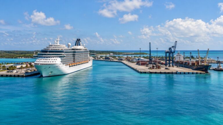 Cruise ship at the working Freeport Harbour on Grand Bahama