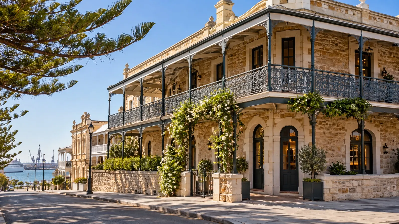 Historic boutique hotel exterior in central Fremantle with limestone facade and verandas