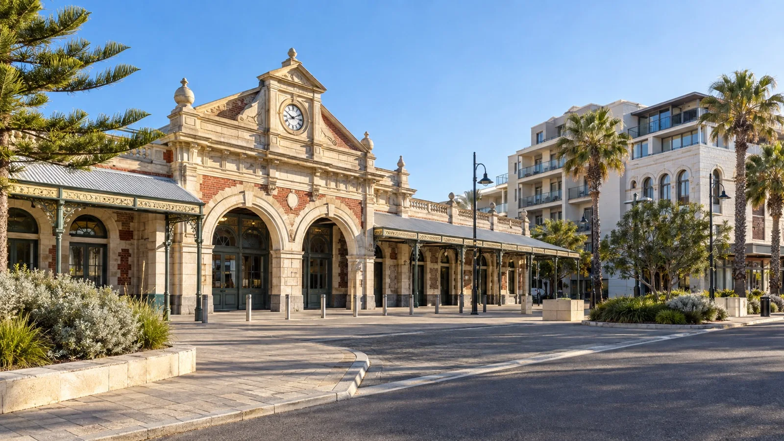 Fremantle railway station exterior and nearby hotels under clear Western Australian sunlight