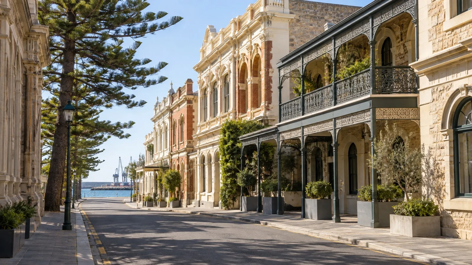 Fremantle West End heritage streets with restored Victorian hotel facades and quiet sidewalks