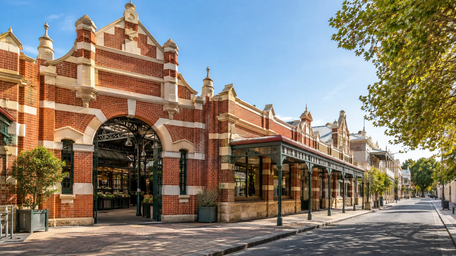 Historic red brick exterior of Fremantle Markets