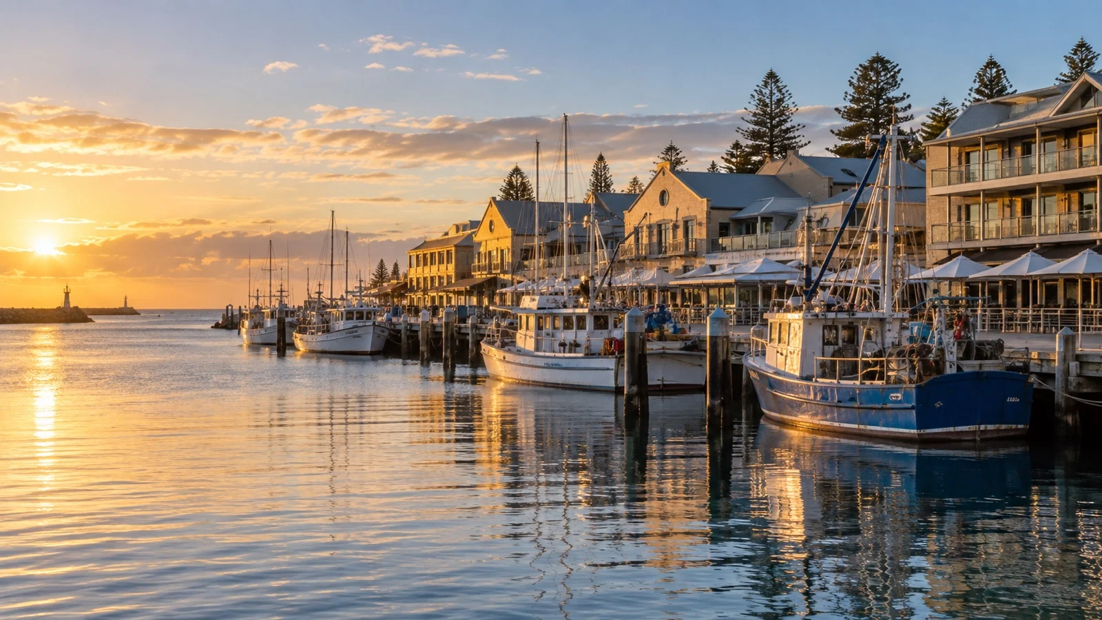 Fremantle Fishing Boat Harbour with waterfront hotels, moored boats and Indian Ocean light